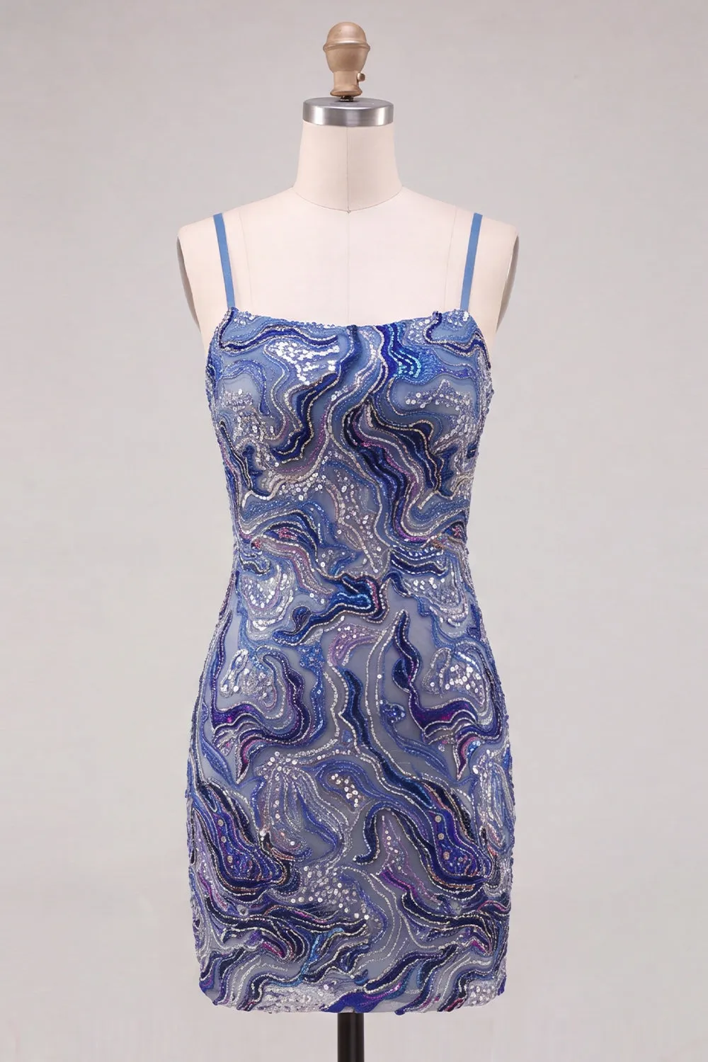 Blue Bodycon Spaghetti Straps Short Homecoming Dress with Sequins sold by Zapaka product image thumbnail 5
