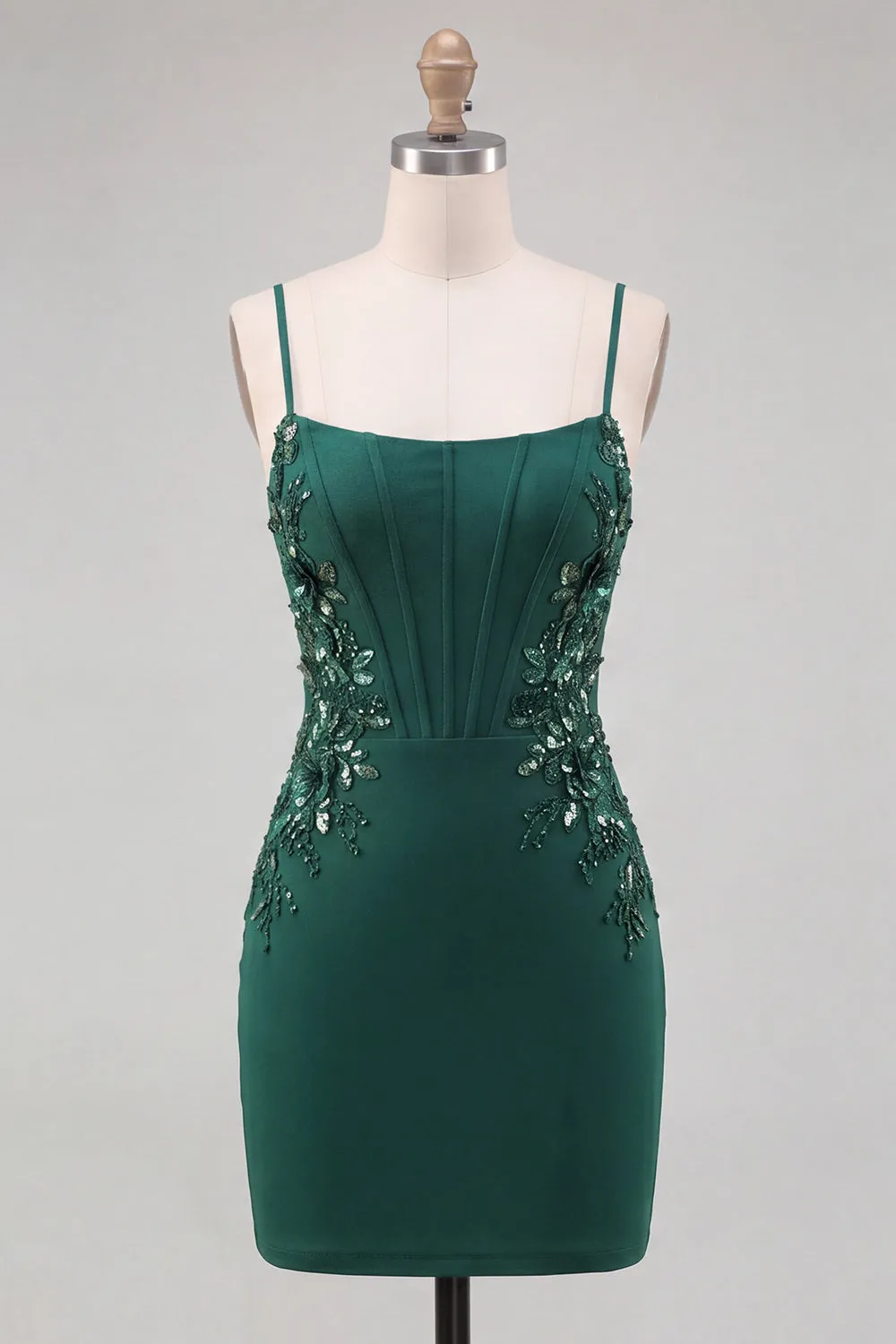Dark Green Corset Bodycon Spaghetti Straps Floral Short Homecoming Dress with Lace Up Back sold by Zapaka product image thumbnail 5