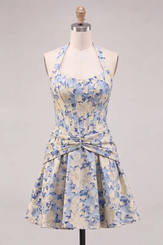 Light Blue A-Line Halter Neck Jacquard Floral Corset Homecoming Dress made by Zapaka