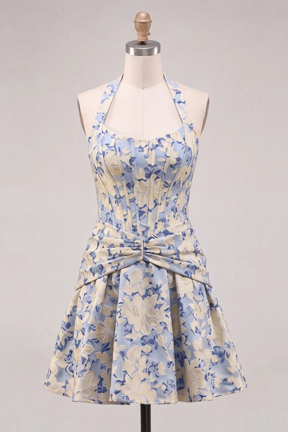 Light Blue A-Line Halter Neck Jacquard Floral Corset Homecoming Dress sold by Zapaka