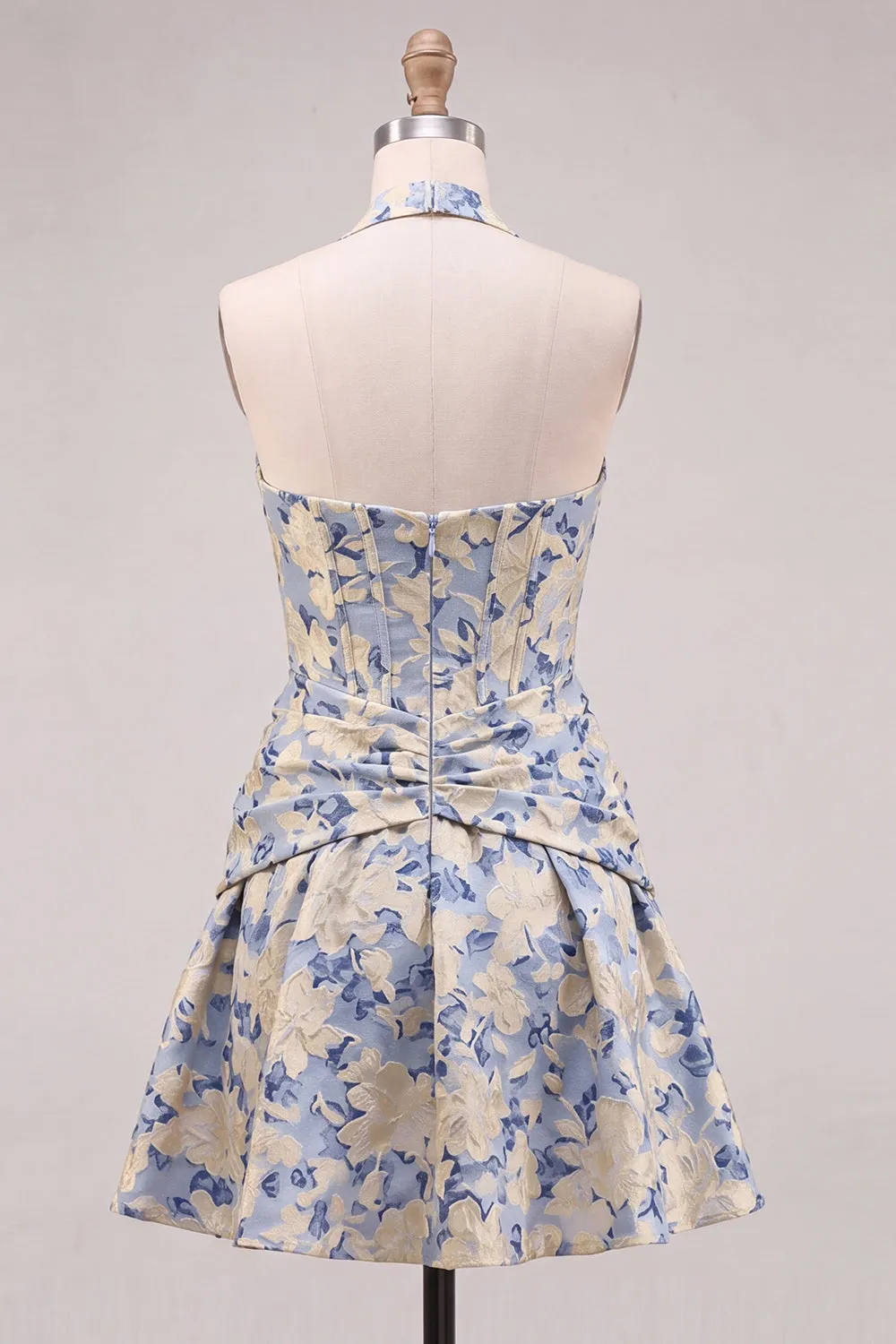 Light Blue A-Line Halter Neck Jacquard Floral Corset Homecoming Dress sold by Zapaka product image thumbnail 2