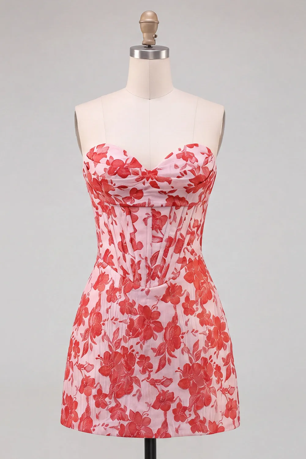 Sweetheart Red Corset Bodycon Floral Ruched Short Homecoming Dress sold by Zapaka product image thumbnail 5