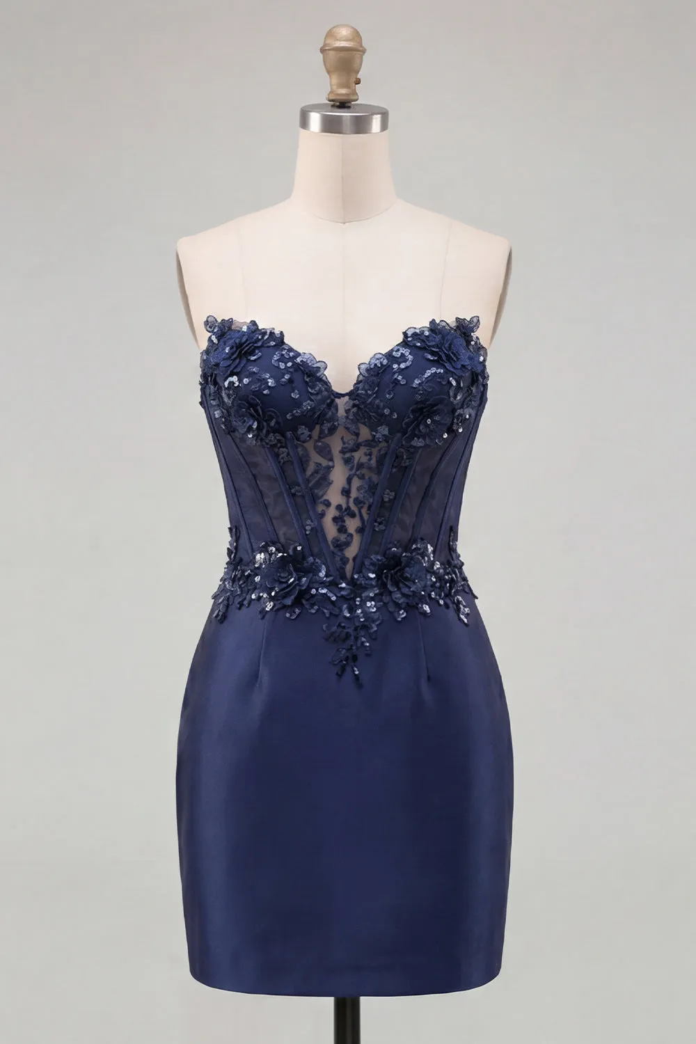 Navy Sweetheart Corset Bodycon Floral Sequins Satin Short Homecoming Dress sold by Zapaka product image thumbnail 5