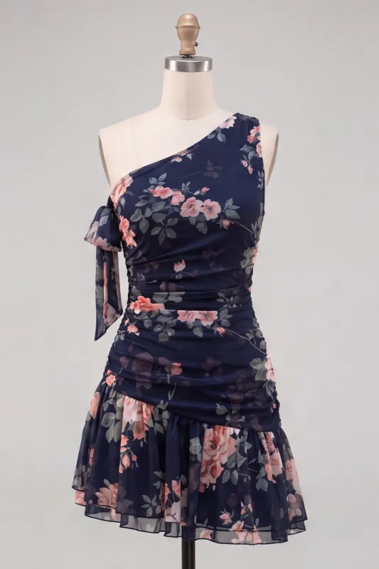 One Shoulder Black Chiffon A-Line Floral Homecoming Dress with Ruffles made by Zapaka