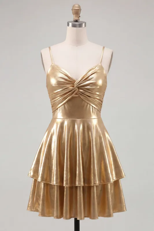 Gold A-Line Metallic Tiered Spaghetti Straps Short Homecoming Dress made by Zapaka