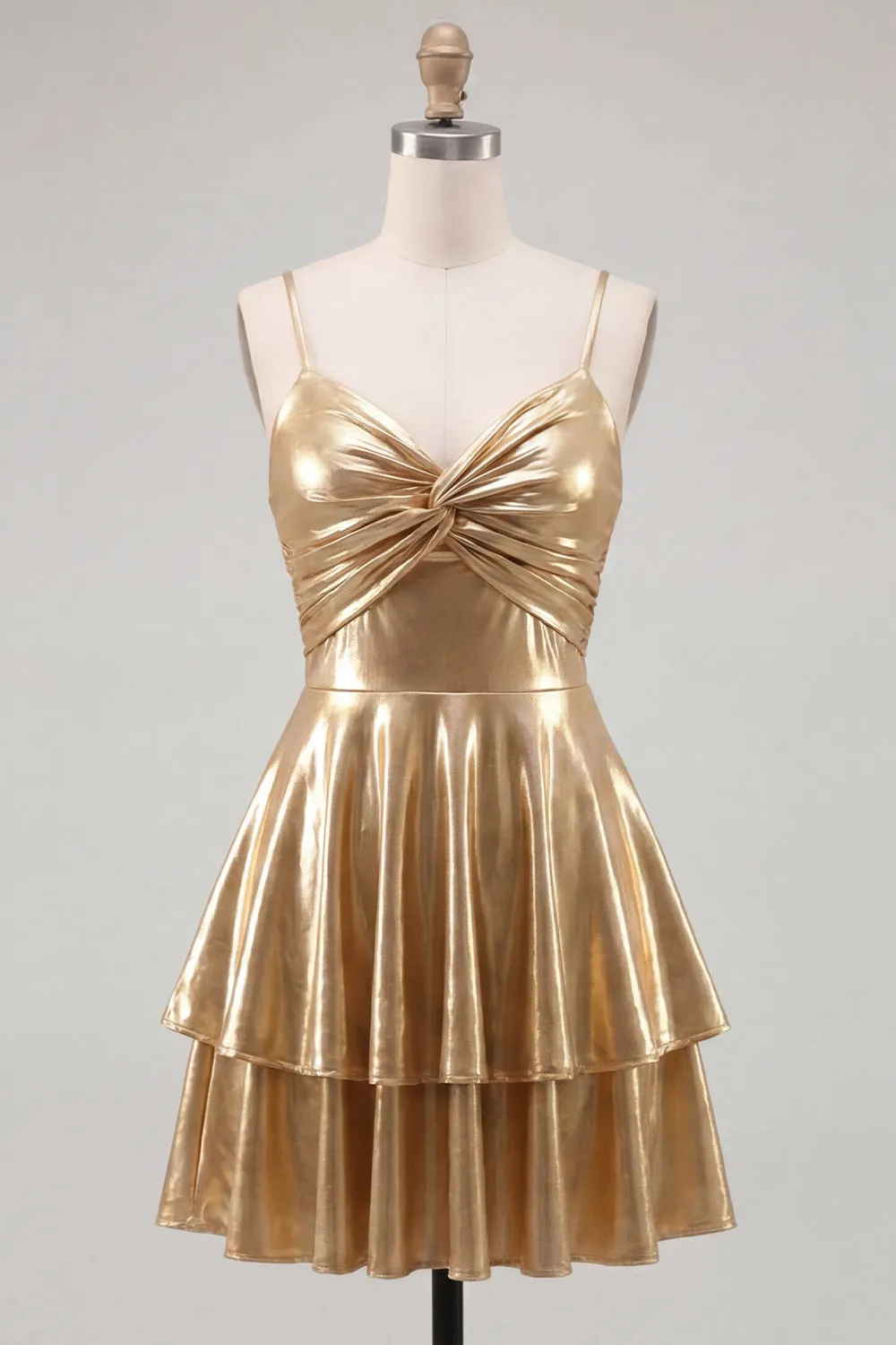 Gold A-Line Metallic Tiered Spaghetti Straps Short Homecoming Dress sold by Zapaka