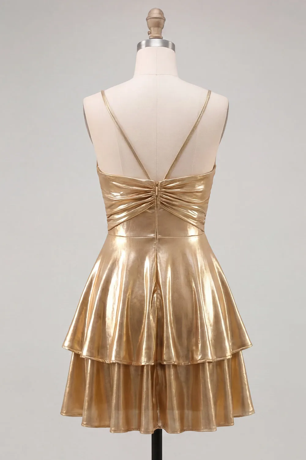 Gold A-Line Metallic Tiered Spaghetti Straps Short Homecoming Dress sold by Zapaka product image thumbnail 2