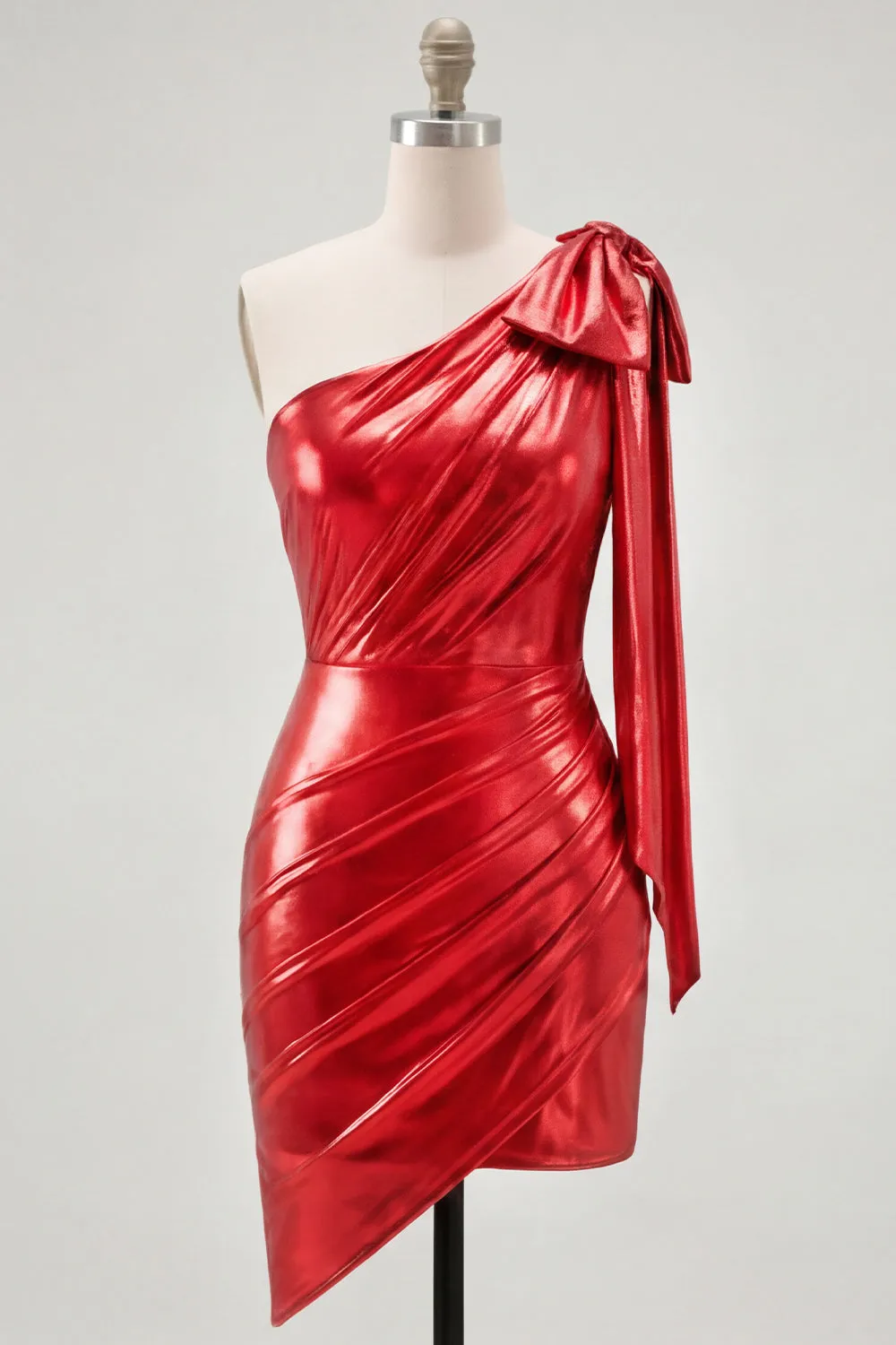 Red One Shoulder Metallic Ruched Asymmetrical Short Homecoming Dress with Bow sold by Zapaka product image thumbnail 5