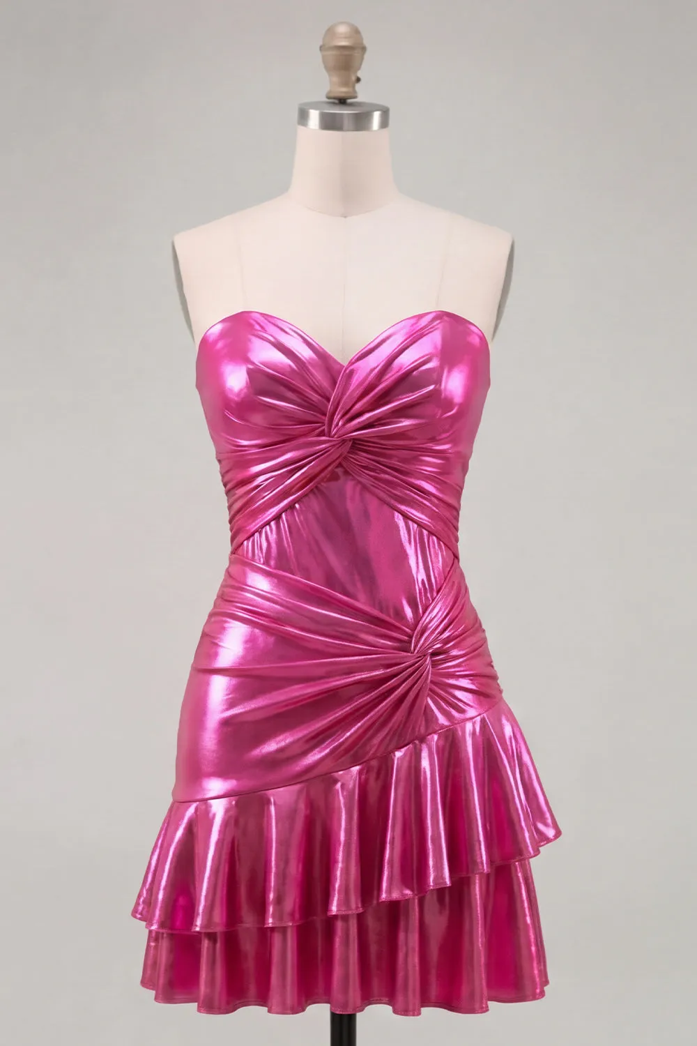Sweetheart Fuchsia A-Line Metallic Ruched Tiered Short Homecoming Dress sold by Zapaka