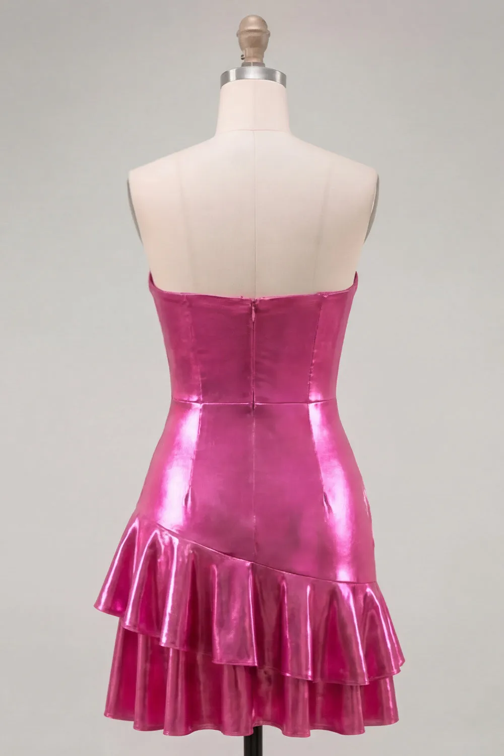 Sweetheart Fuchsia A-Line Metallic Ruched Tiered Short Homecoming Dress sold by Zapaka product image thumbnail 2