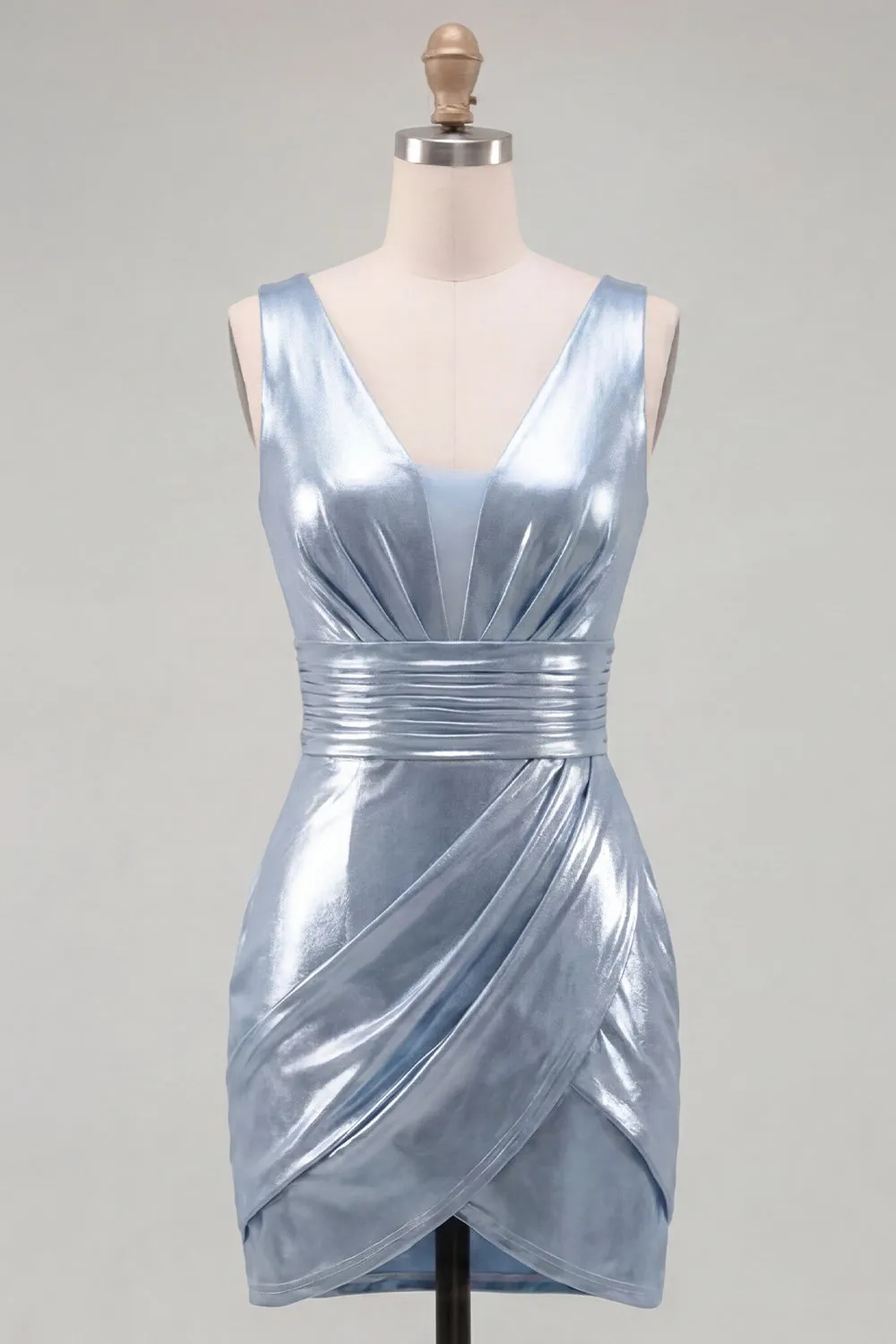 Metallic Sky Blue V-Neck Ruched Tight Short Homecoming Dress sold by Zapaka product image thumbnail 5