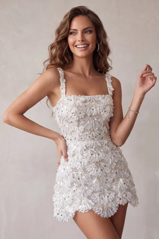 Ivory A-Line Square Neck Short Homecoming Dress with Sequins made by Zapaka