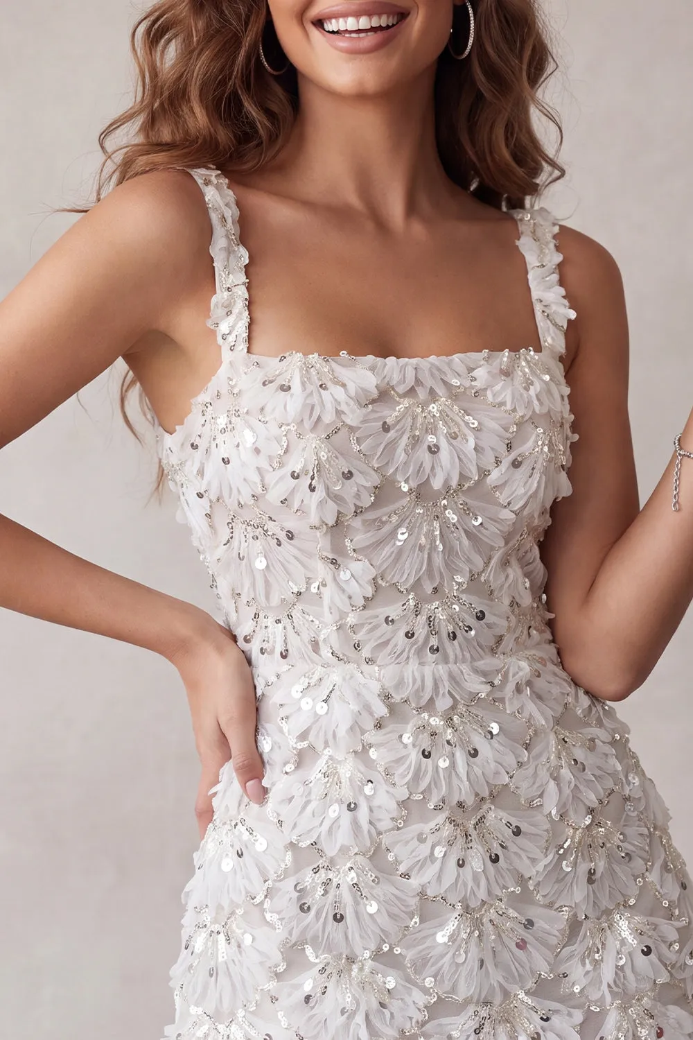 Ivory A-Line Square Neck Short Homecoming Dress with Sequins sold by Zapaka product image thumbnail 3