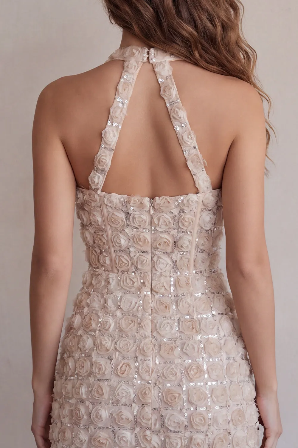 Champagne Halter Neck Short Bodycon Floral Homecoming Dress with Sequins sold by Zapaka product image thumbnail 4