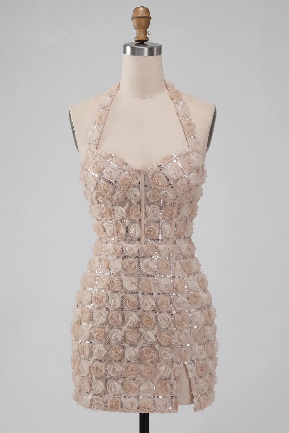 Champagne Halter Neck Short Bodycon Floral Homecoming Dress with Sequins sold by Zapaka product image thumbnail 5