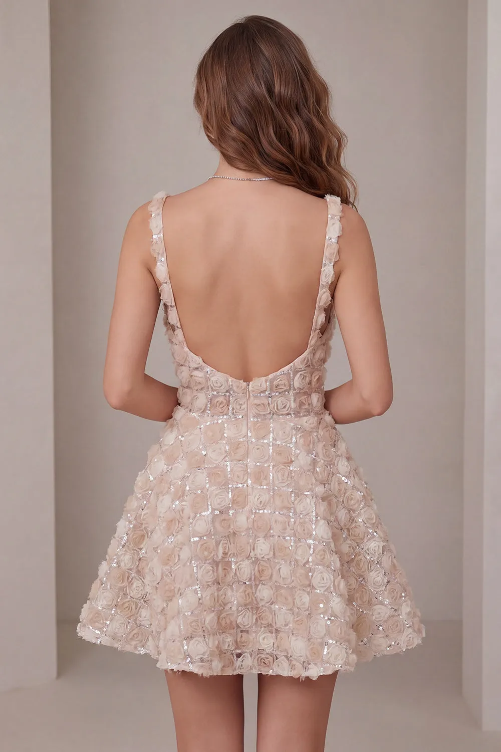 A-Line Champagne Floral Short Thick Straps Homecoming Dress with Sequins sold by Zapaka product image thumbnail 2
