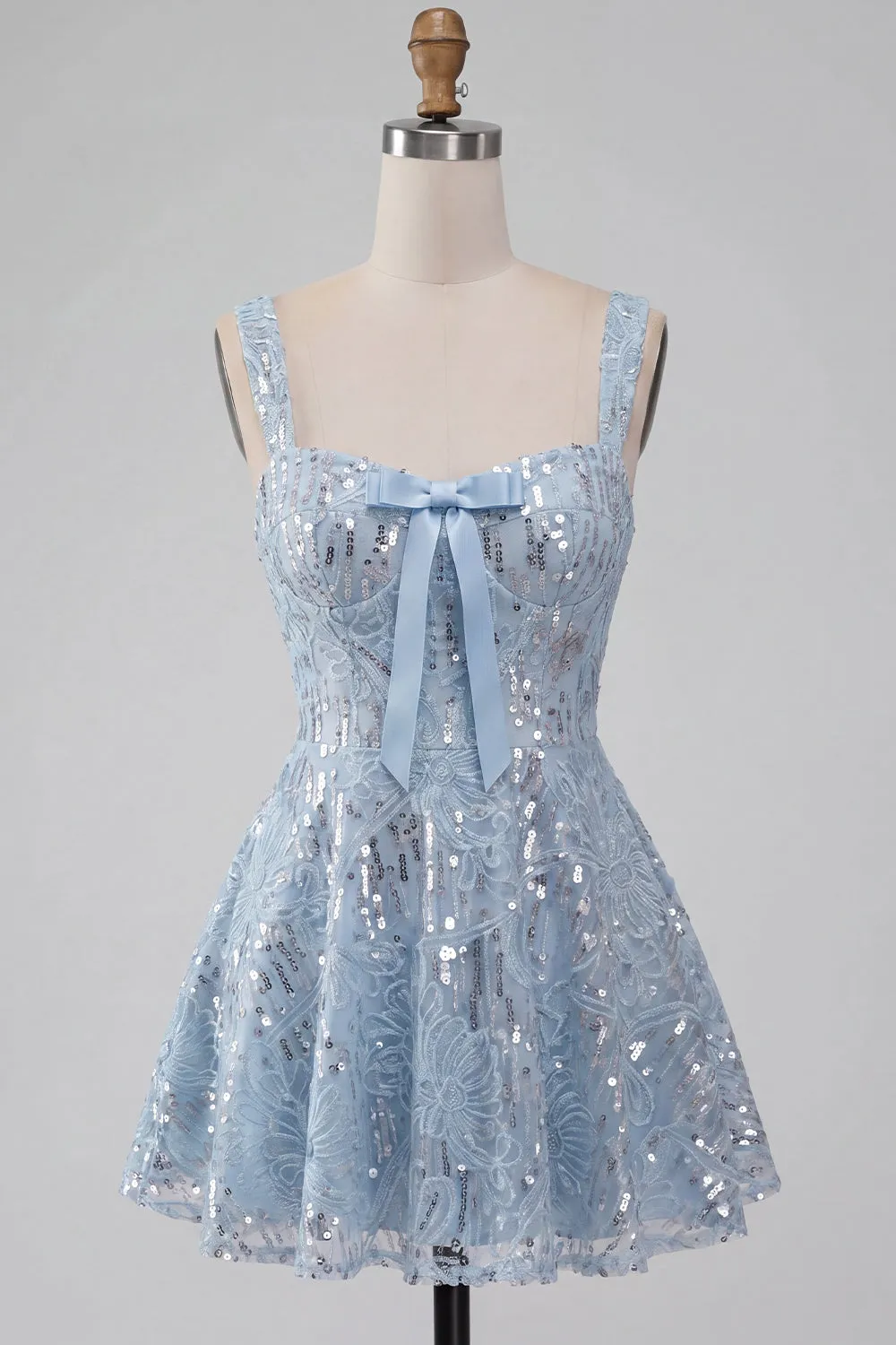 A-Line Sky Blue Thick Straps Short Floral Sequins Homecoming Dress with Bow sold by Zapaka product image thumbnail 5
