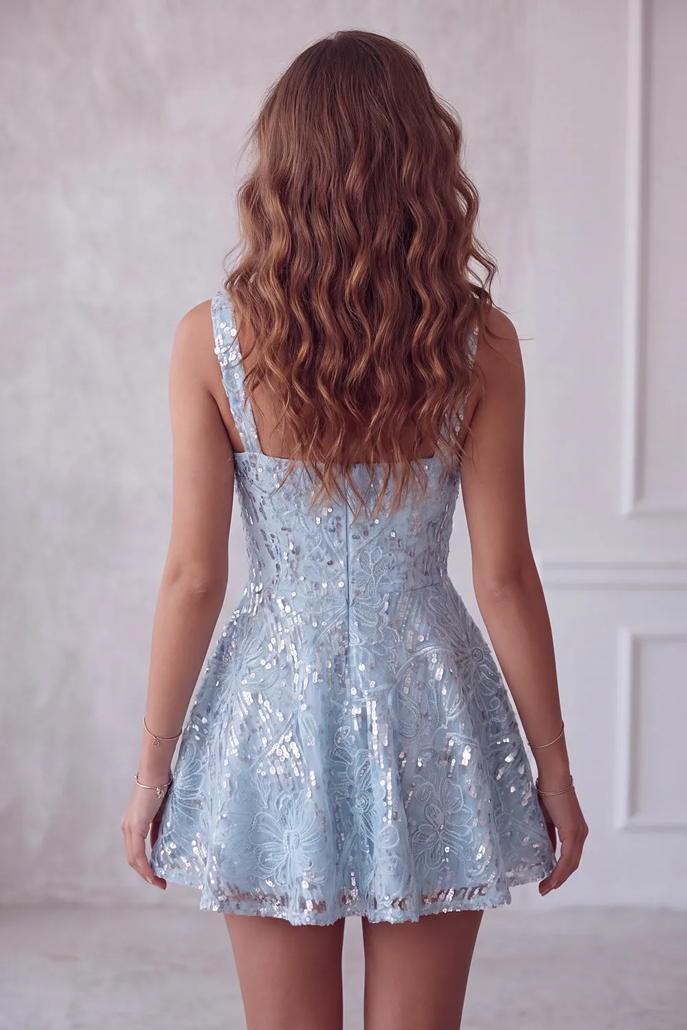 A-Line Sky Blue Thick Straps Short Floral Sequins Homecoming Dress with Bow sold by Zapaka product image thumbnail 2