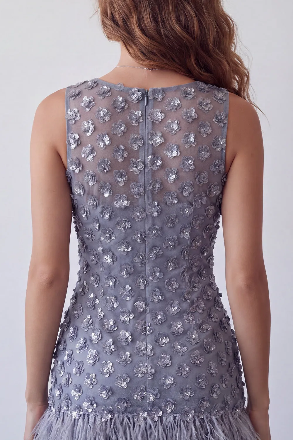 Dusty Lavender Round Neck Bodycon Short Floral Homecoming Dress with Feather sold by Zapaka product image thumbnail 4