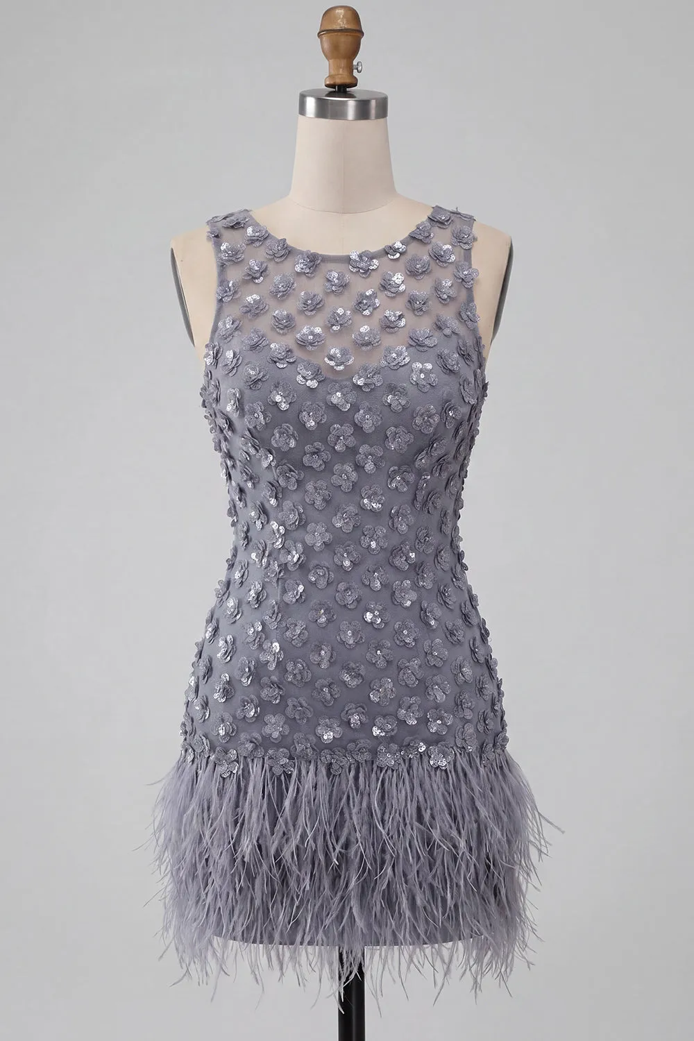 Dusty Lavender Round Neck Bodycon Short Floral Homecoming Dress with Feather sold by Zapaka product image thumbnail 5
