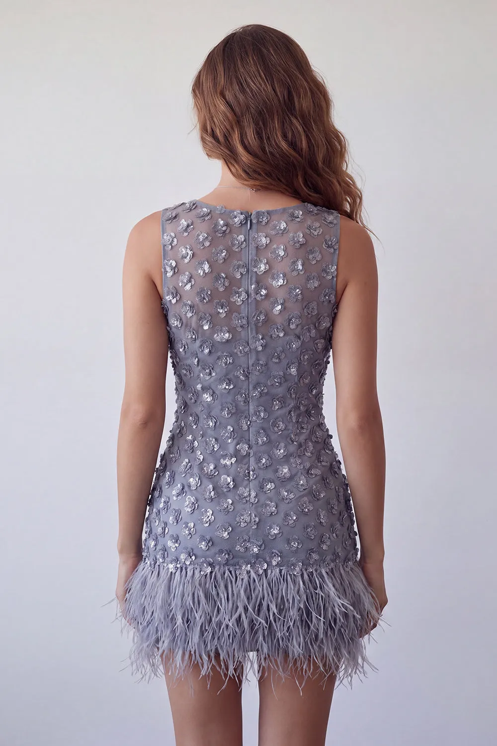 Dusty Lavender Round Neck Bodycon Short Floral Homecoming Dress with Feather sold by Zapaka product image thumbnail 2