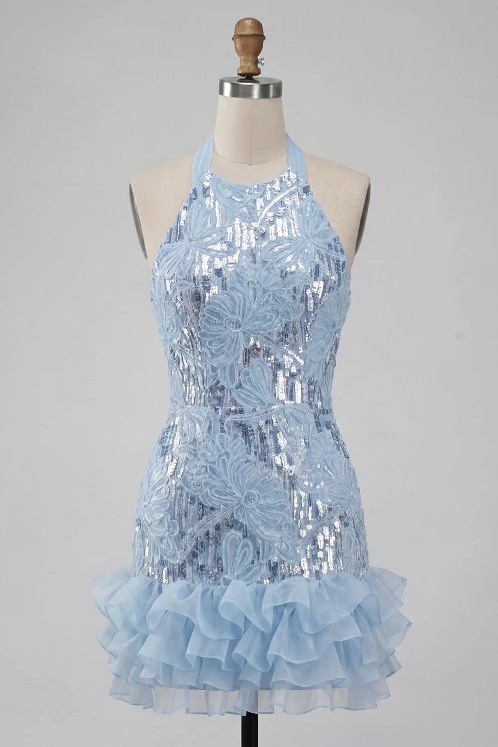 Halter Neck Sky Blue Floral Ruffled Bodycon Short Homecoming Dress with Sequins sold by Zapaka product image thumbnail 5