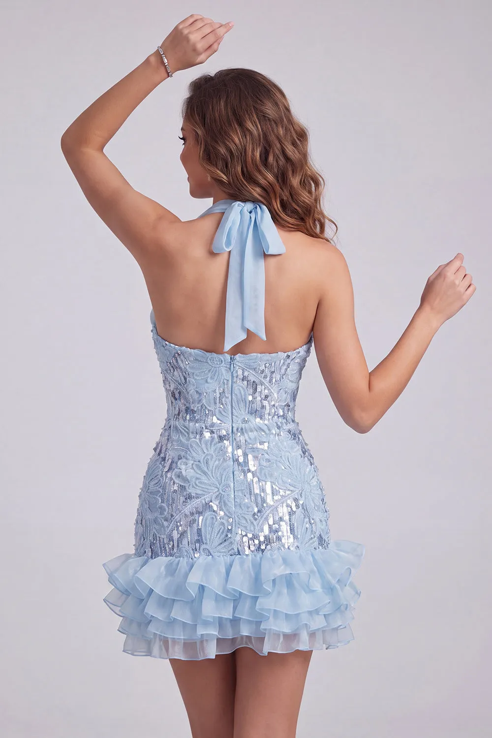 Halter Neck Sky Blue Floral Ruffled Bodycon Short Homecoming Dress with Sequins sold by Zapaka product image thumbnail 2