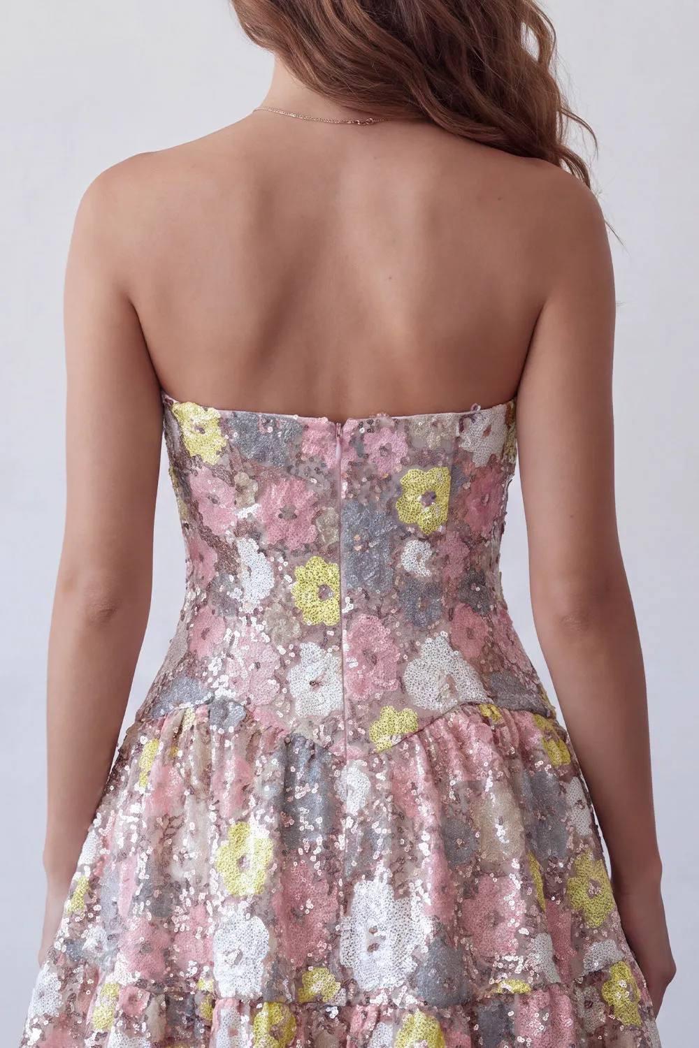 Sparkly Pink Sweetheart A-Line Tiered Floral Short Homecoming Dress with Sequins sold by Zapaka product image thumbnail 4