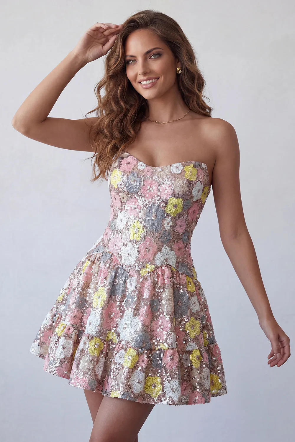 Sparkly Pink Sweetheart A-Line Tiered Floral Short Homecoming Dress with Sequins sold by Zapaka