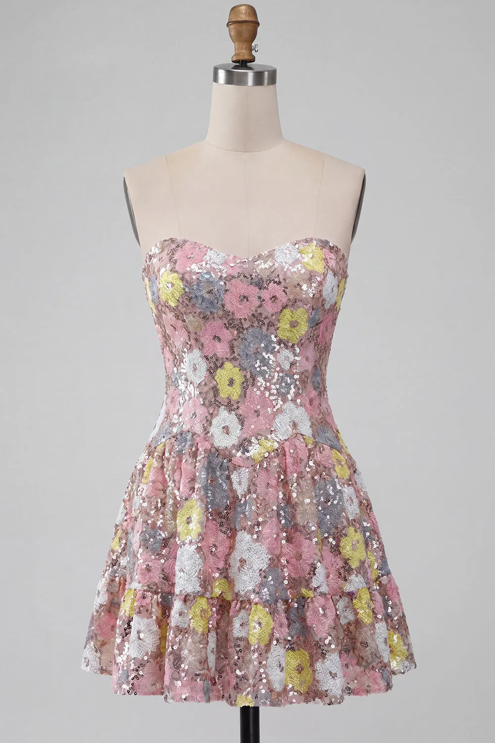 Sparkly Pink Sweetheart A-Line Tiered Floral Short Homecoming Dress with Sequins sold by Zapaka product image thumbnail 5