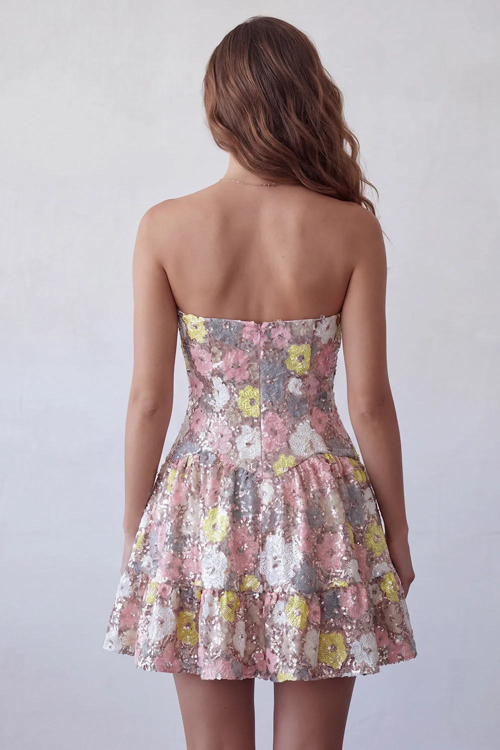 Sparkly Pink Sweetheart A-Line Tiered Floral Short Homecoming Dress with Sequins sold by Zapaka product image thumbnail 2