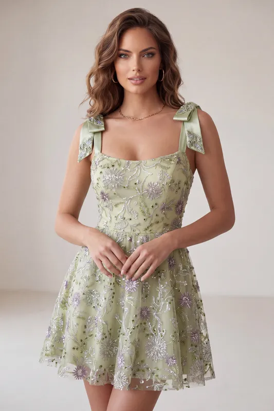Dusty Sage A-Line Floral Thick Straps Short Homecoming Dress with Beading made by Zapaka