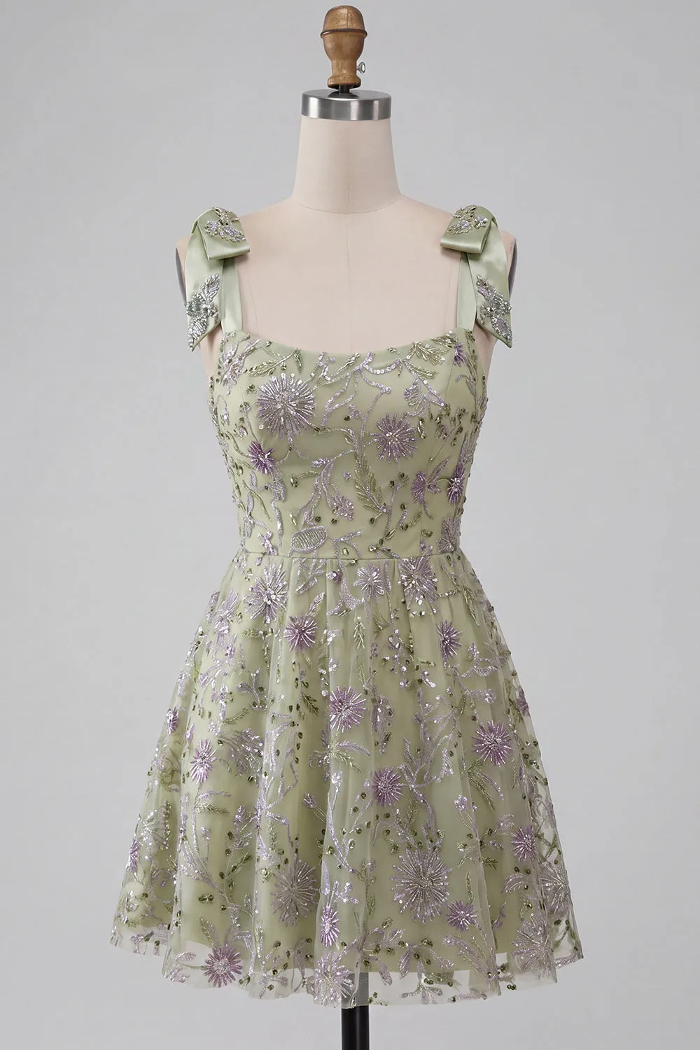 Dusty Sage A-Line Floral Thick Straps Short Homecoming Dress with Beading sold by Zapaka product image thumbnail 5