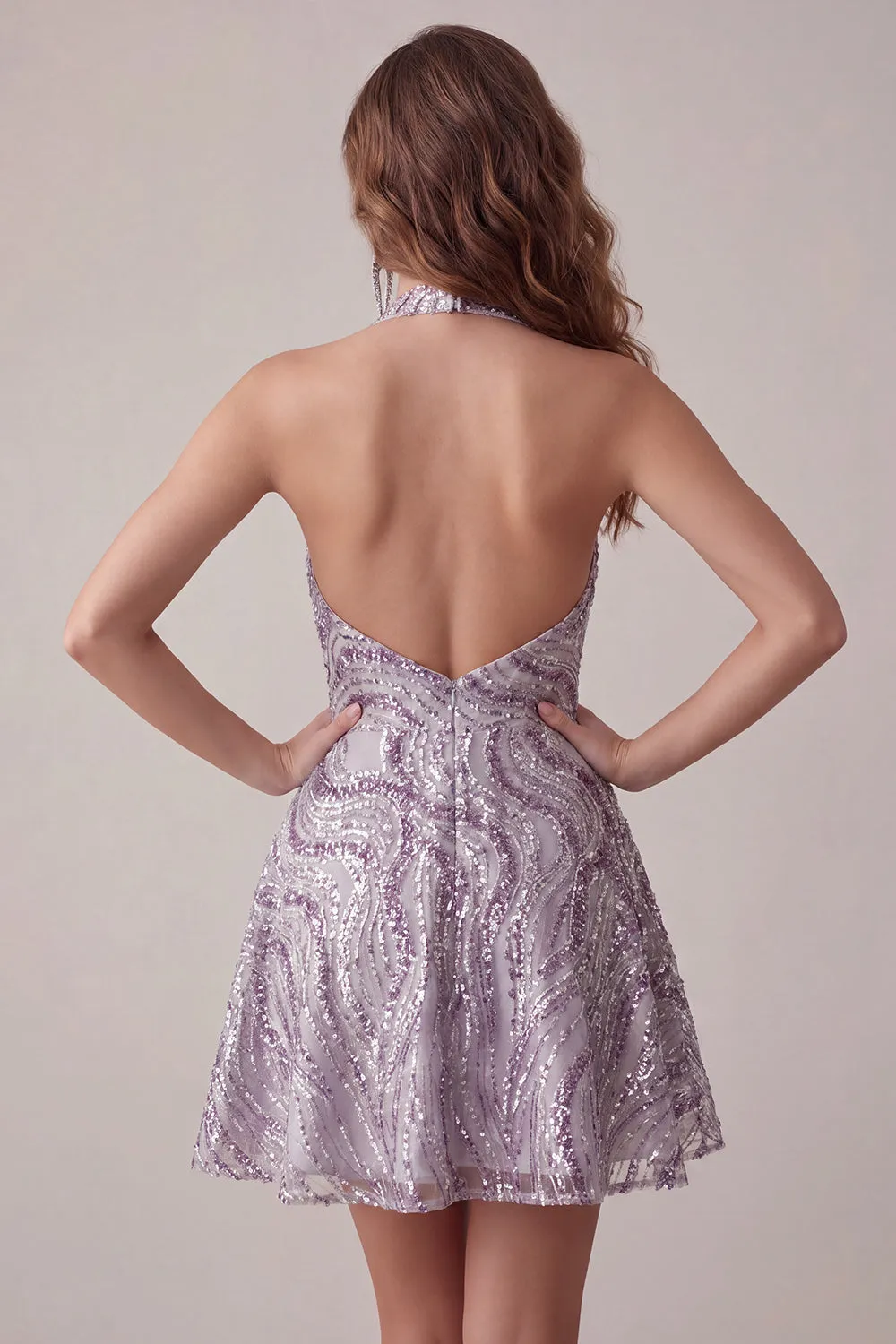 A-Line Lilac Halter Neck Backless Short Homecoming Dress with Sequins sold by Zapaka product image thumbnail 2