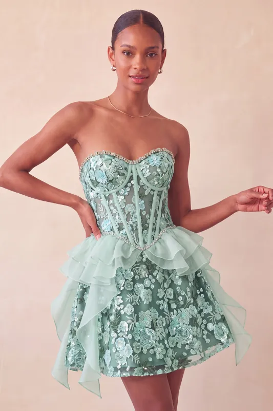 Sage Green Sweetheart Corset A-Line Short Homecoming Dress with Sequins made by Zapaka