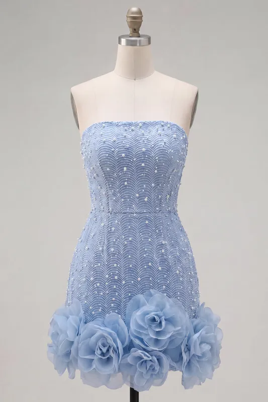 Strapless Blue Bodycon Pearls Homecoming Dress with 3D Flowers made by Zapaka