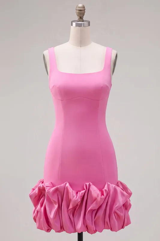 Fuchsia Square Neck Bodycon Short Homecoming Dress with Ruffles made by Zapaka