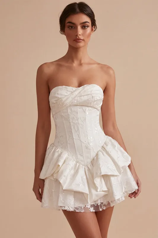 Sweetheart White A-Line Corset Floral Ruffled Bridal Shower Dress made by Zapaka