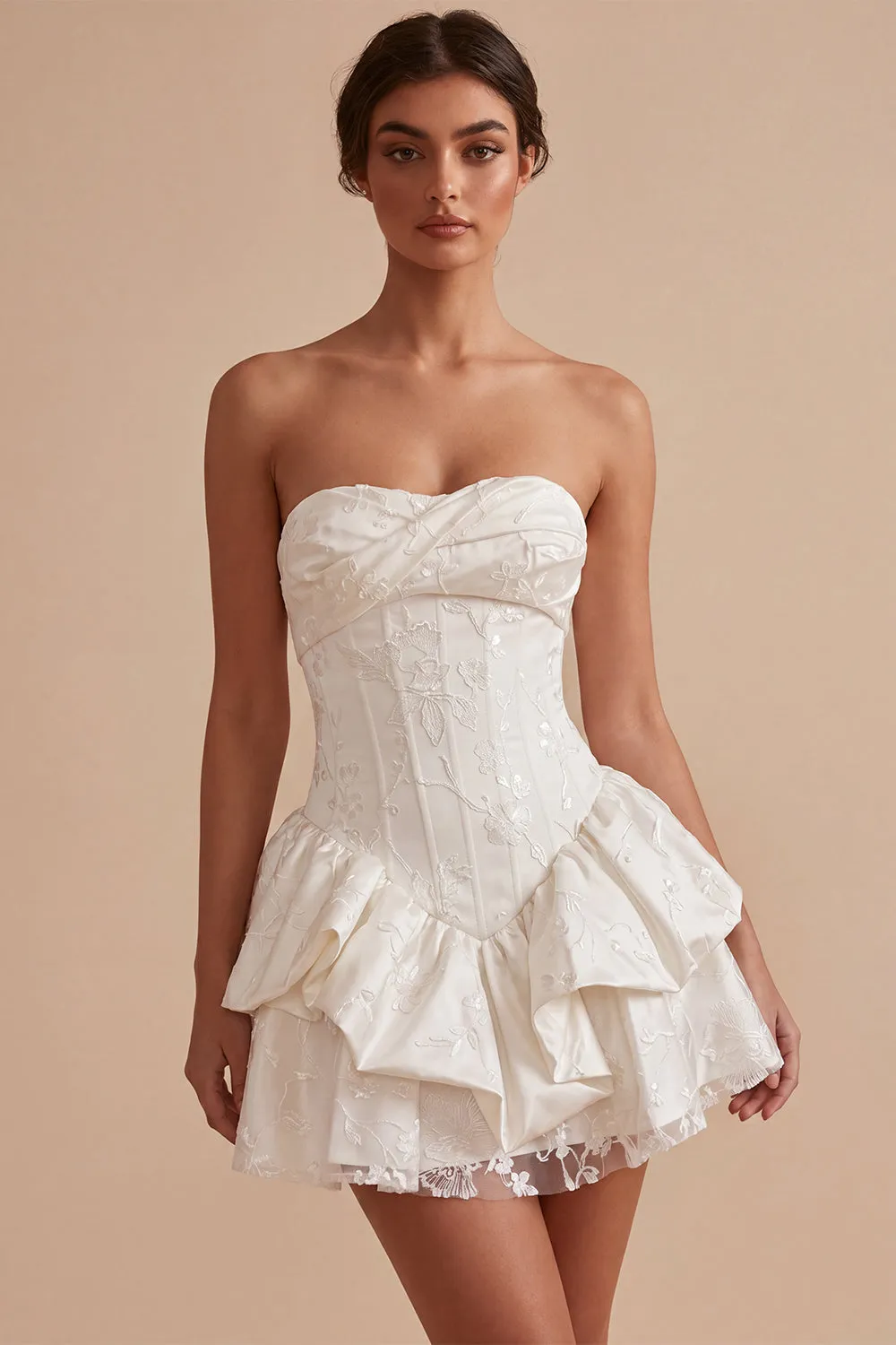 Sweetheart White A-Line Corset Floral Ruffled Bridal Shower Dress sold by Zapaka