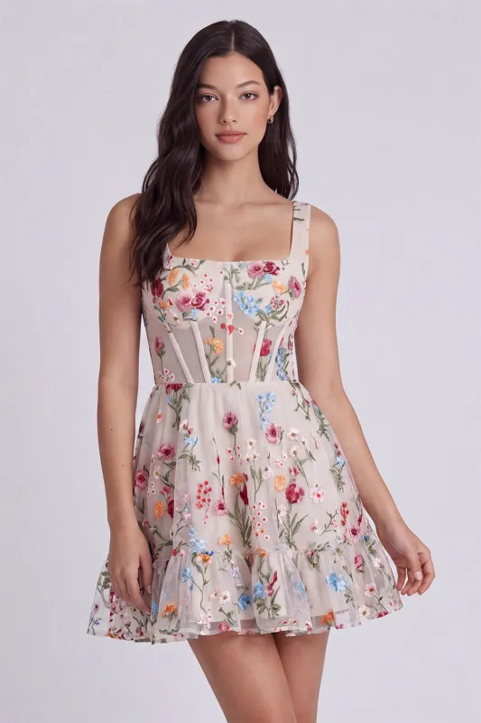 Ivory Floral Corset A-Line Square Neck Mini Graduation Dress made by Zapaka