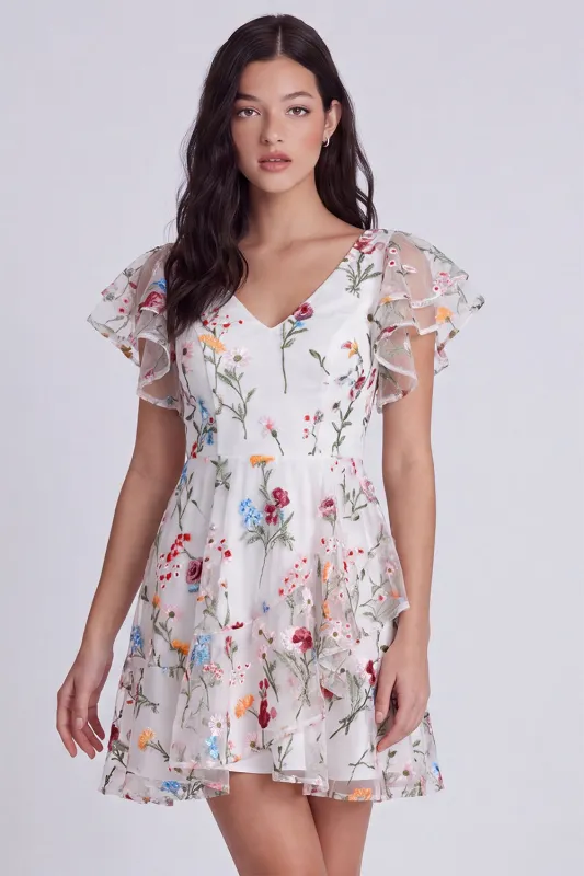 Ivory Floral A-Line V-Neck Graduation Dress with Ruffles made by Zapaka