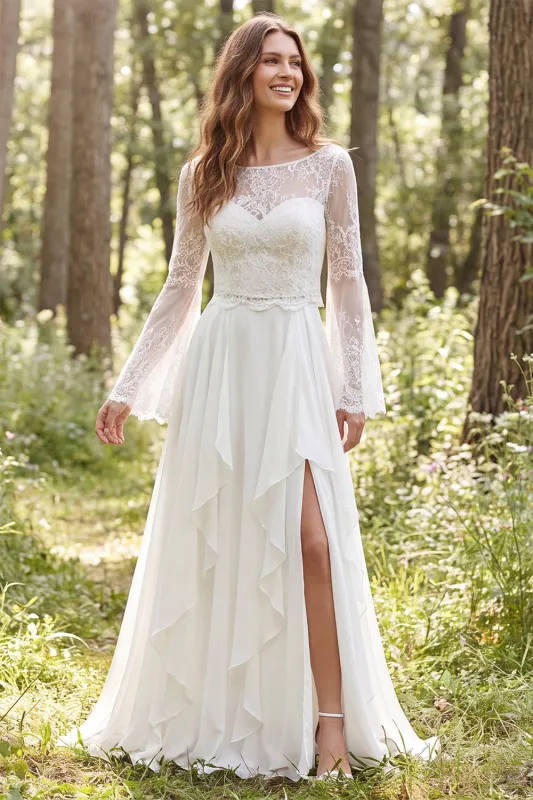 Ivory A-Line Chiffon Ruffled Long Sleeves Wedding Dress with Slit made by Zapaka