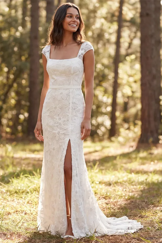 Mermaid Ivory Floral Square Neck Long Wedding Dress with Slit made by Zapaka