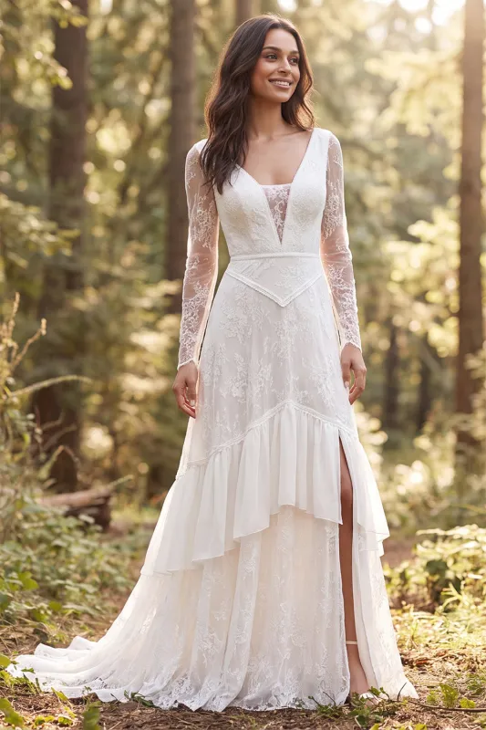 A-Line Ivory Long Sleeves Ruffled Long Wedding Dress with Slit made by Zapaka