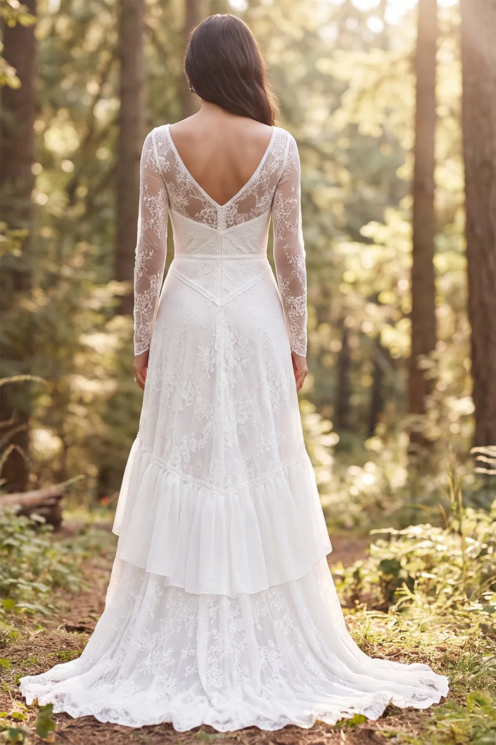 A-Line Ivory Long Sleeves Ruffled Long Wedding Dress with Slit sold by Zapaka product image thumbnail 2