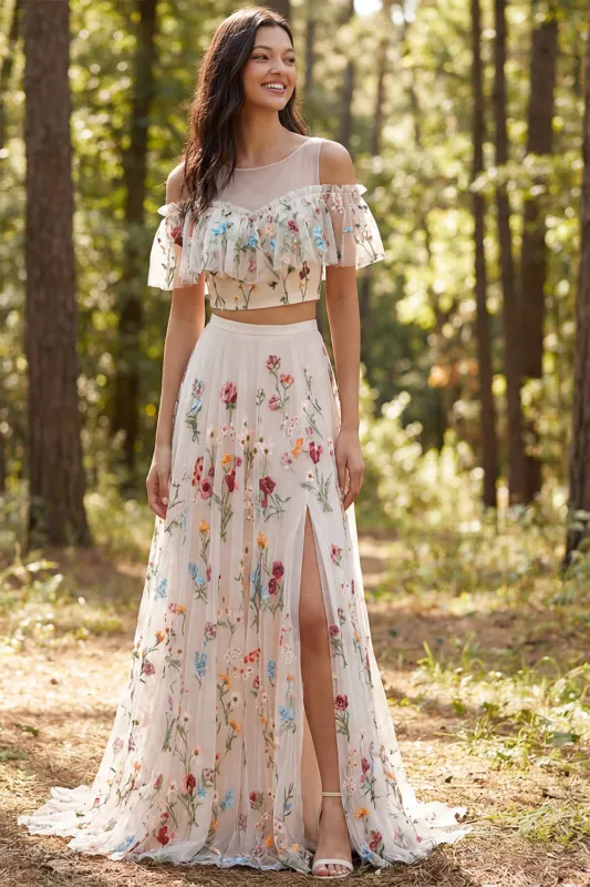 Ivory 2 Piece A-Line Floral Illusion Neck Long Wedding Dress with Slit made by Zapaka