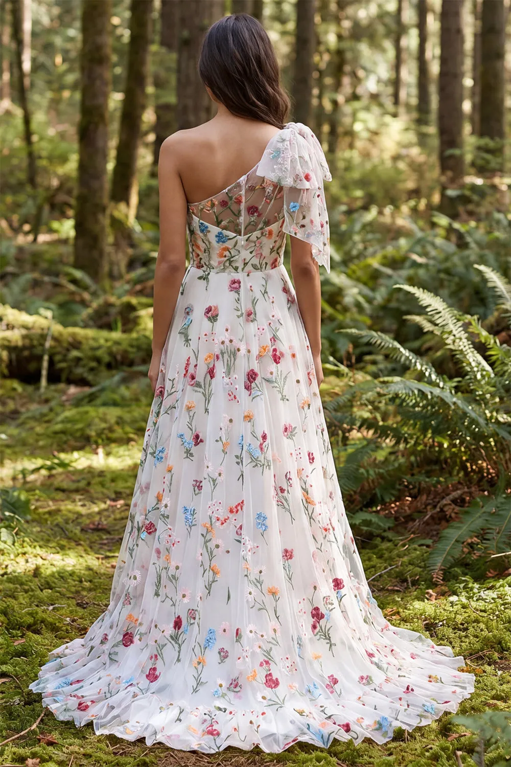 One Shoulder Ivory Floral A-Line Long Wedding Dress with Slit sold by Zapaka product image thumbnail 2
