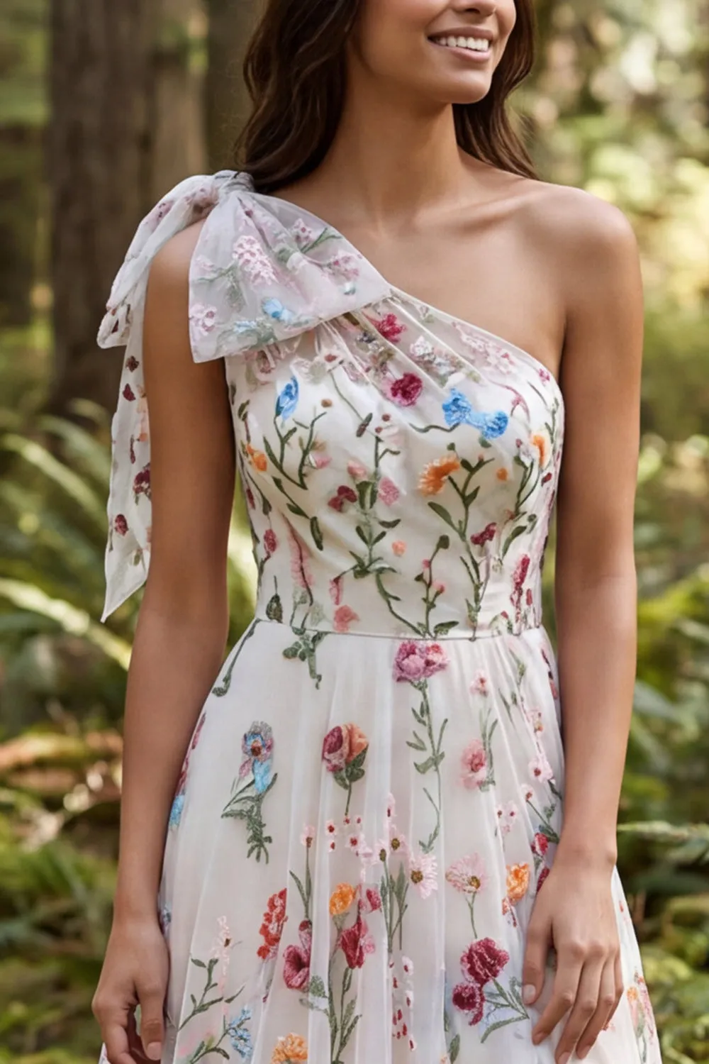 One Shoulder Ivory Floral A-Line Long Wedding Dress with Slit sold by Zapaka product image thumbnail 3