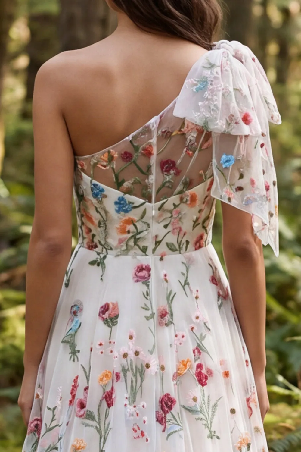 One Shoulder Ivory Floral A-Line Long Wedding Dress with Slit sold by Zapaka product image thumbnail 4