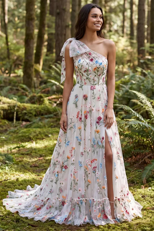 One Shoulder Ivory Floral A-Line Long Wedding Dress with Slit made by Zapaka
